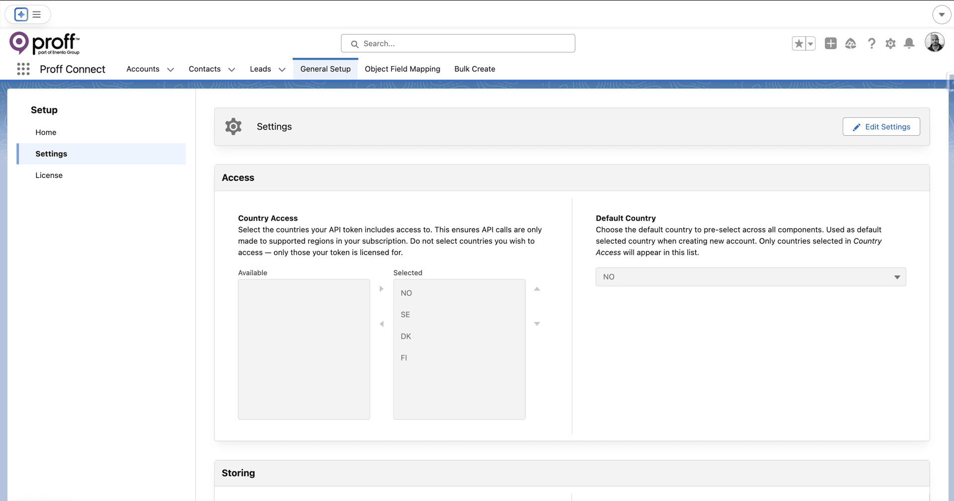 Proff Connect Settings tab under General Setup