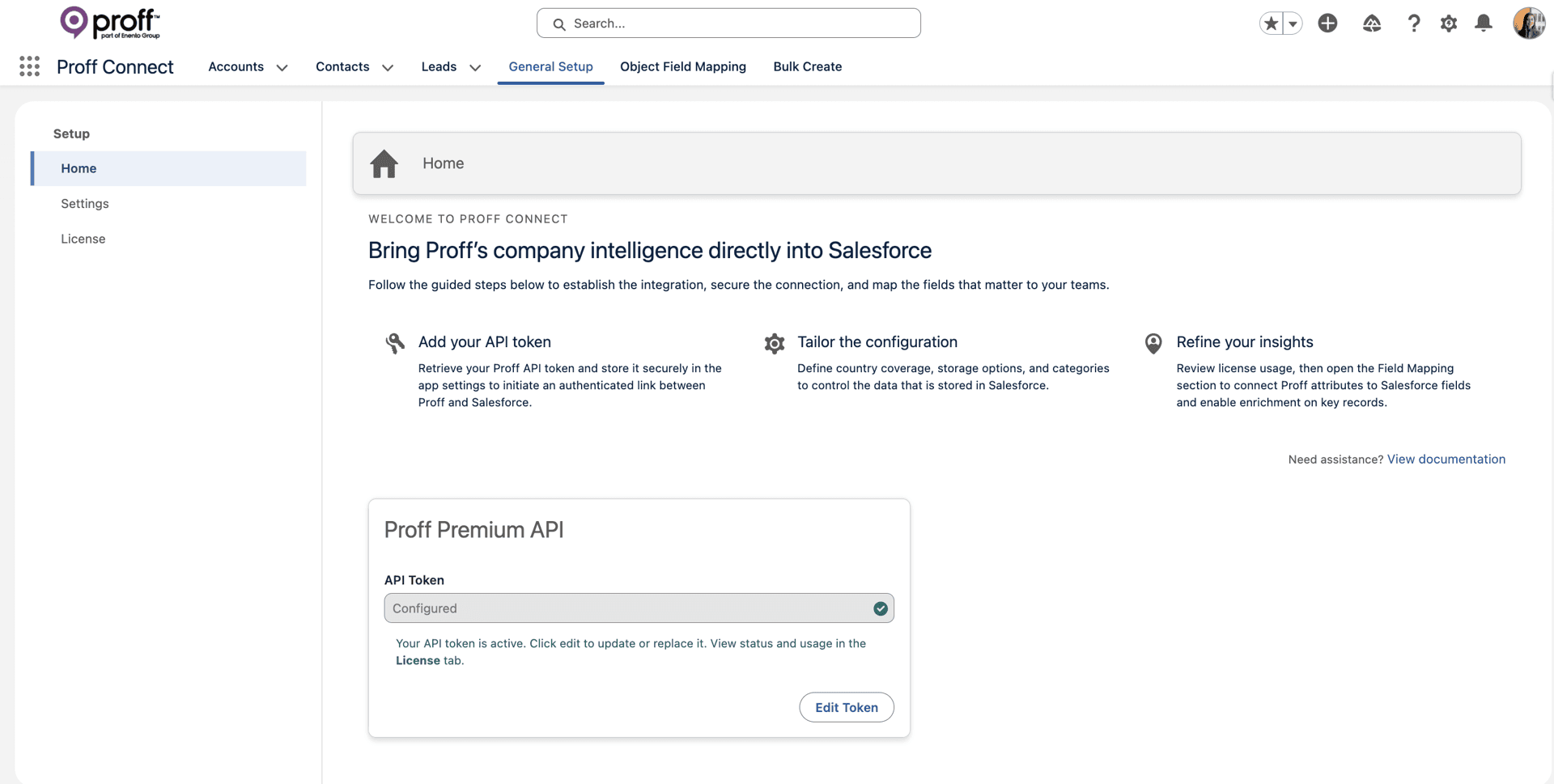 General Setup tab with API token field