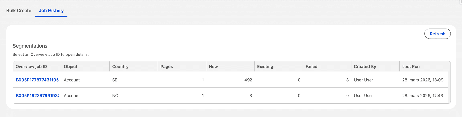 Job History overview list of executed Bulk Create jobs