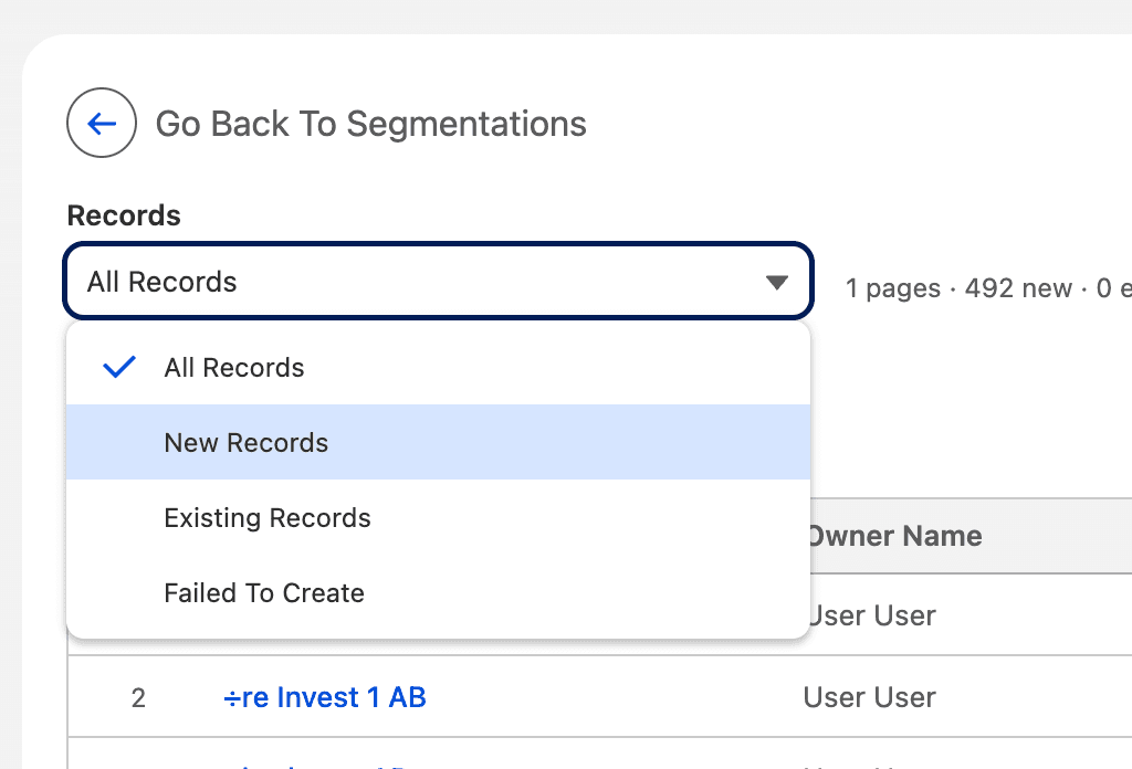 Records filter showing all, new, existing, and failed companies in the segment