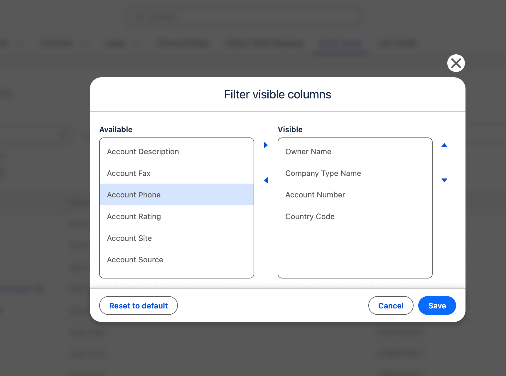 Filter visible columns modal for customizing visible fields in Job History