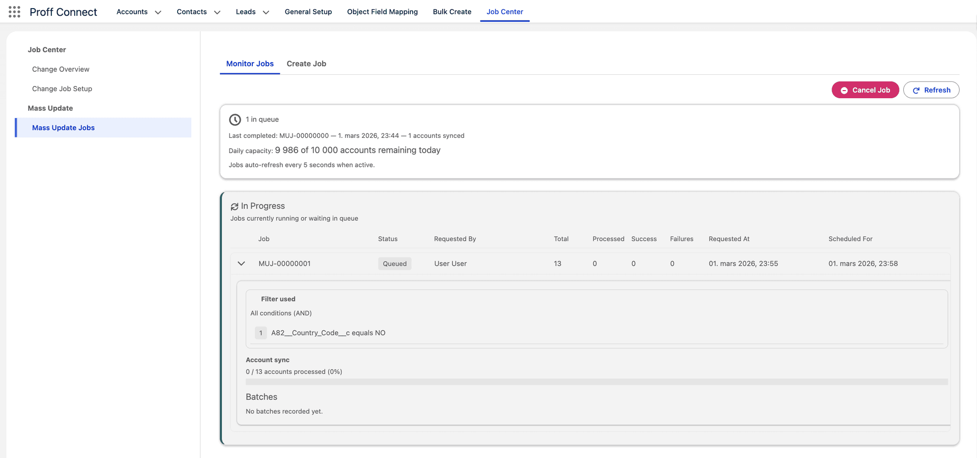 Monitor Jobs tab showing active and historical jobs