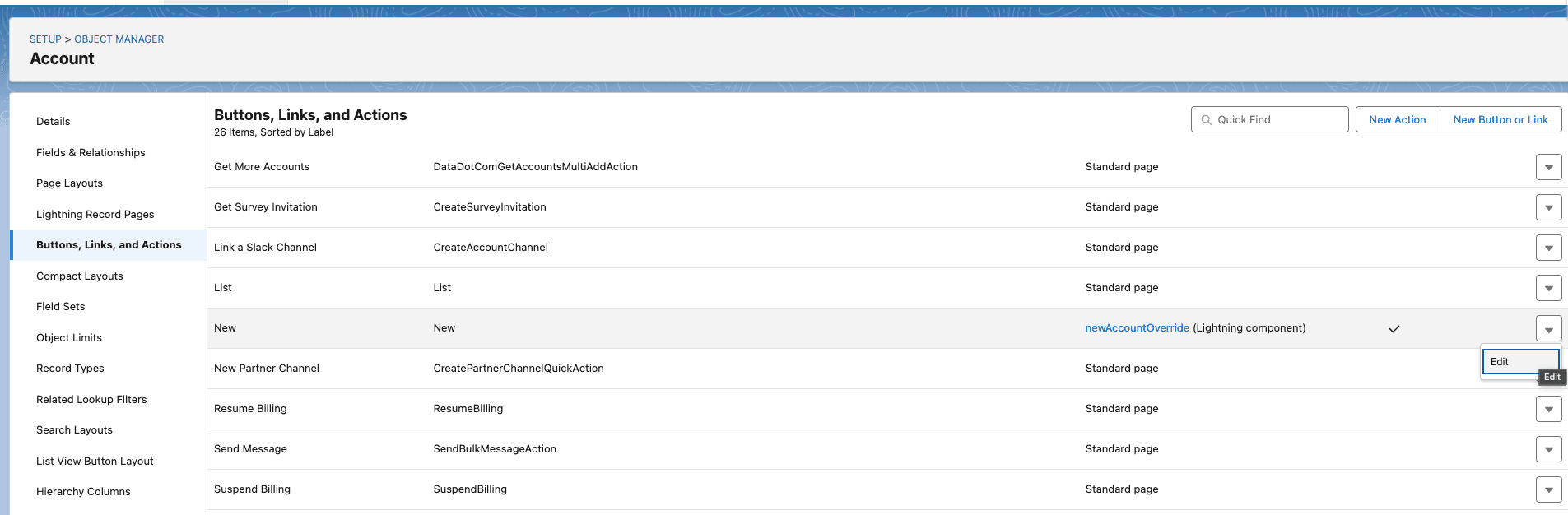 Edit the New action in Buttons, Links, and Actions