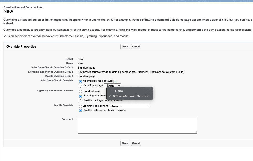 Select A82:newAccountOverride as the Lightning Component