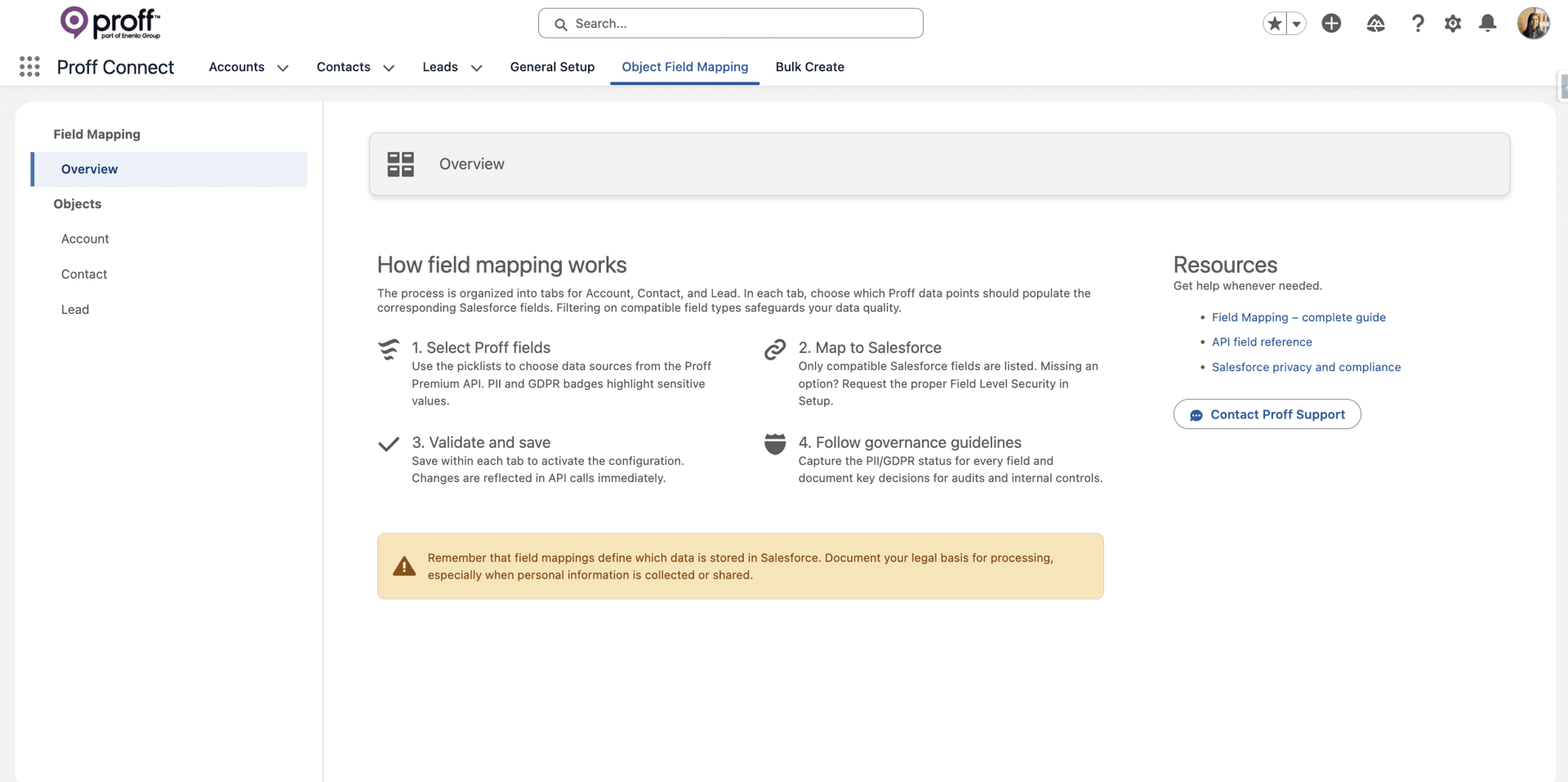 Object Field Mapping tab in Proff Connect Setup