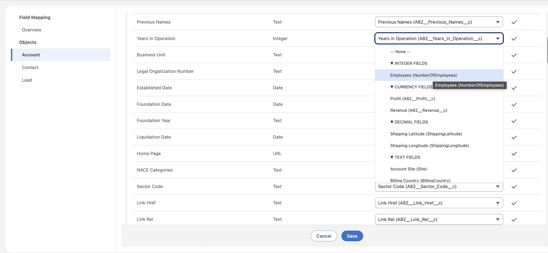 Configured field mappings for Account, Contact, or Lead