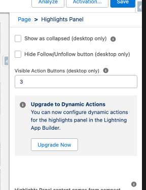 Highlights Panel showing Upgrade to Dynamic Actions message