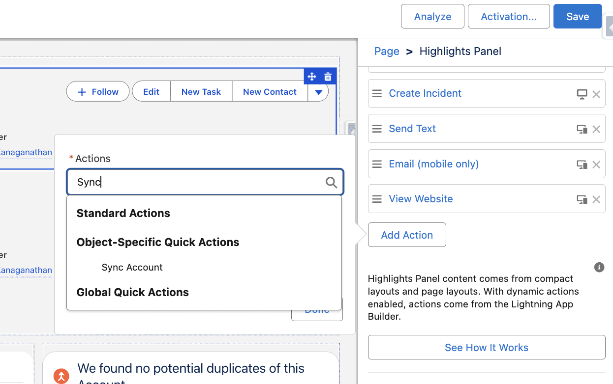 Adding Sync Account via Dynamic Actions