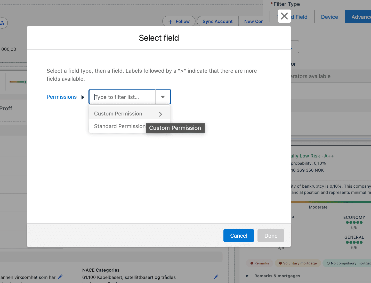 Permissions menu with Custom Permission selected
