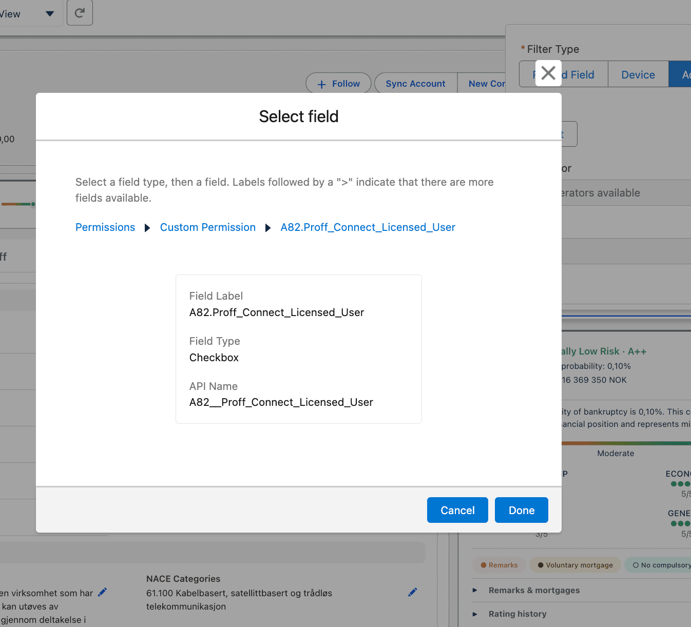 Proff Connect Licensed User custom permission selected