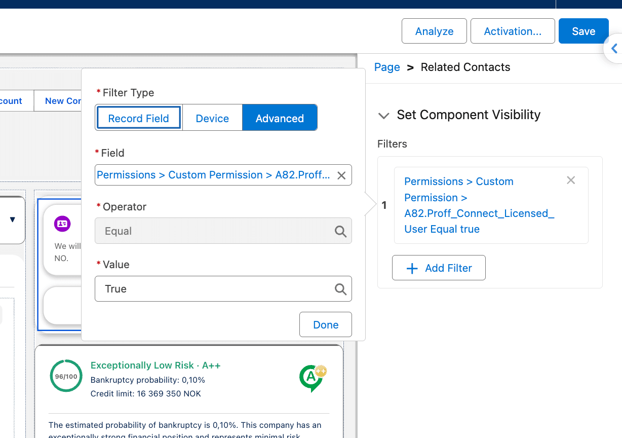 Operator Equal and value True for the licensed user permission